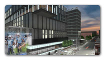 Rendering of trade center at dusk